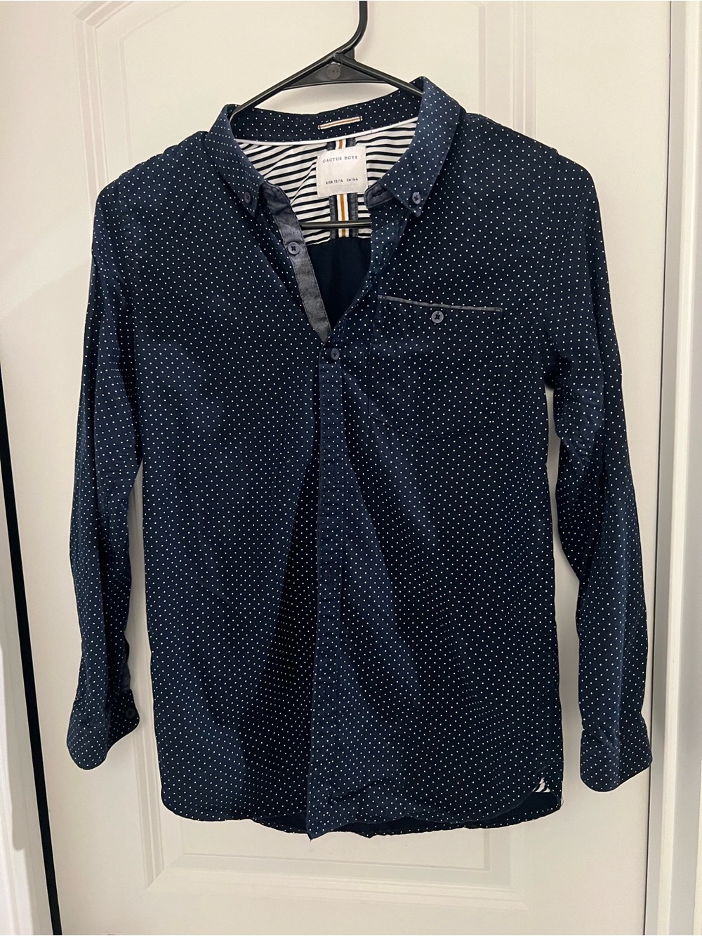 Cactus Boys Navy Blue Polka Dot Button-Up Shirt Size 13/14 Long Sleeve